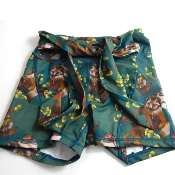 Iron Yokai Fox Mushroom Print Tie Waist Bike Shorts - Picture 1 of 5